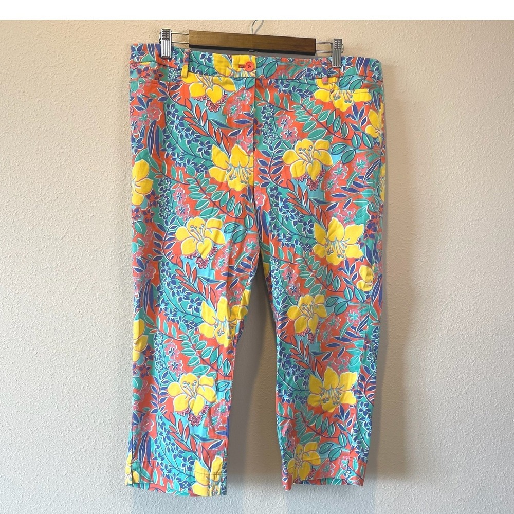 Talbots Perfect Skimmers 16 Pants 16 Trailing Hibiscus Floral Crop Orange Yellow
